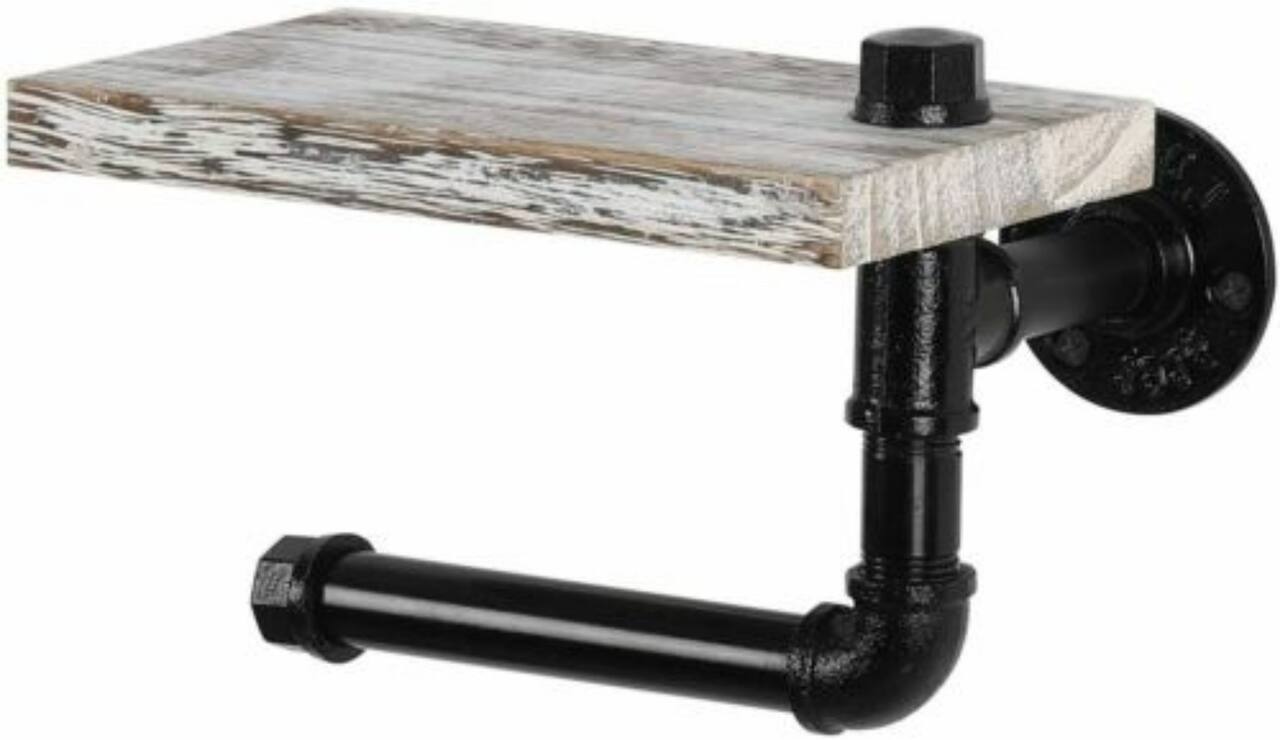 Black Industrial Wall-Mounted Rustic Toilet Paper Holder with Wood Shelf